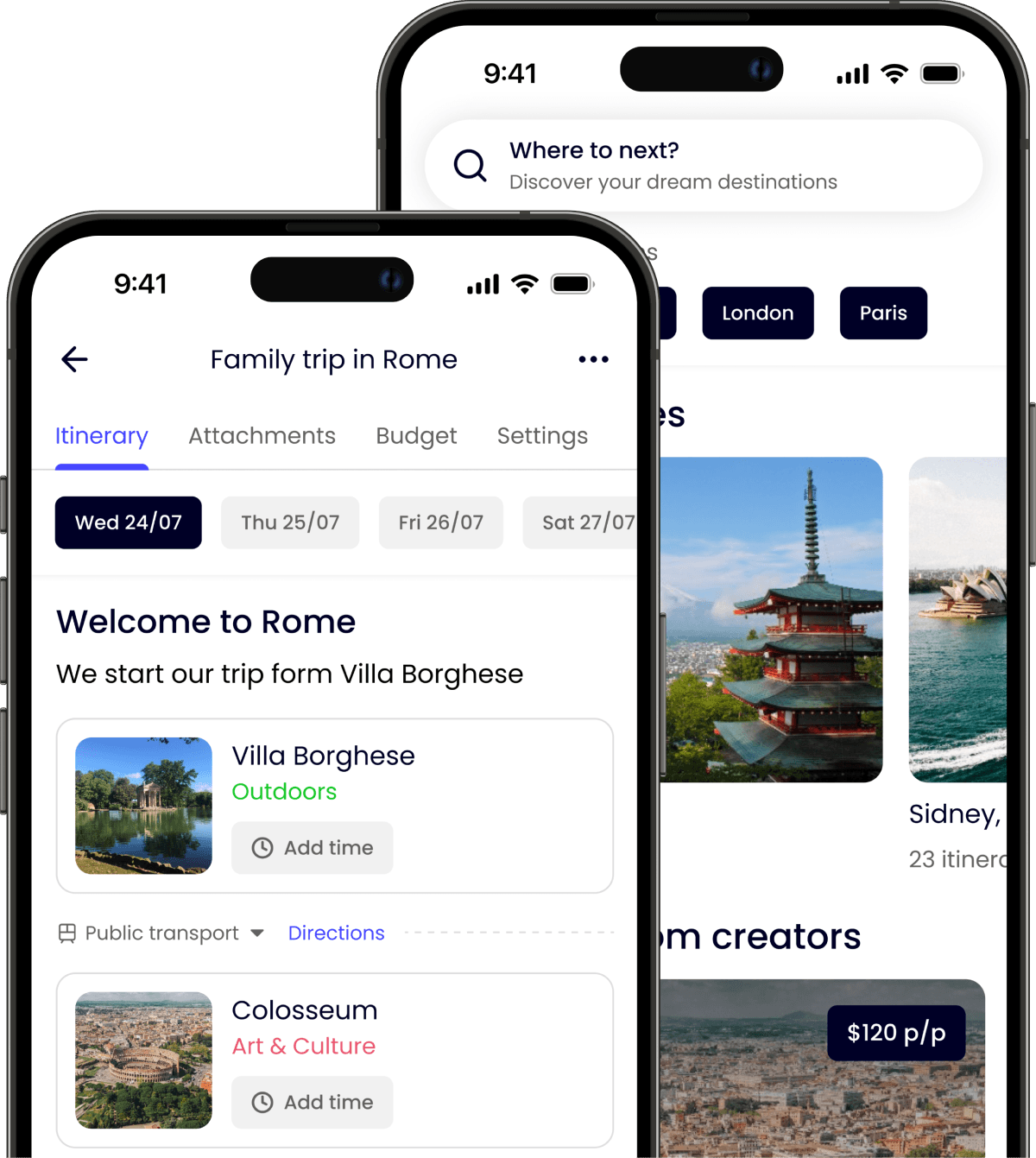 Discovertsy app with trip planner feature in front and dream feature behind