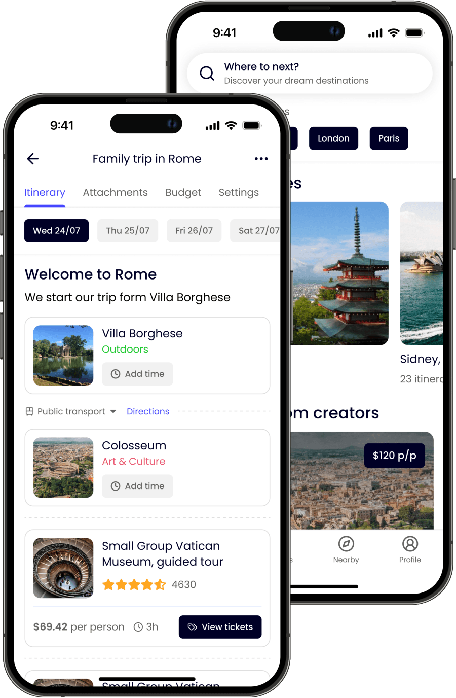 Discovertsy app with trip planner feature in front and dream feature behind