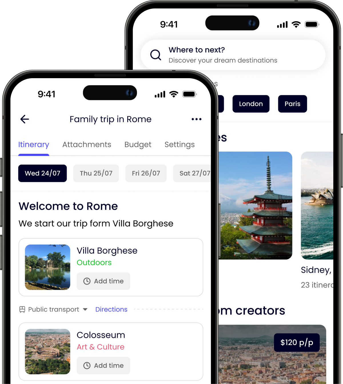 Discovertsy app with trip planner feature in front and dream feature behind
